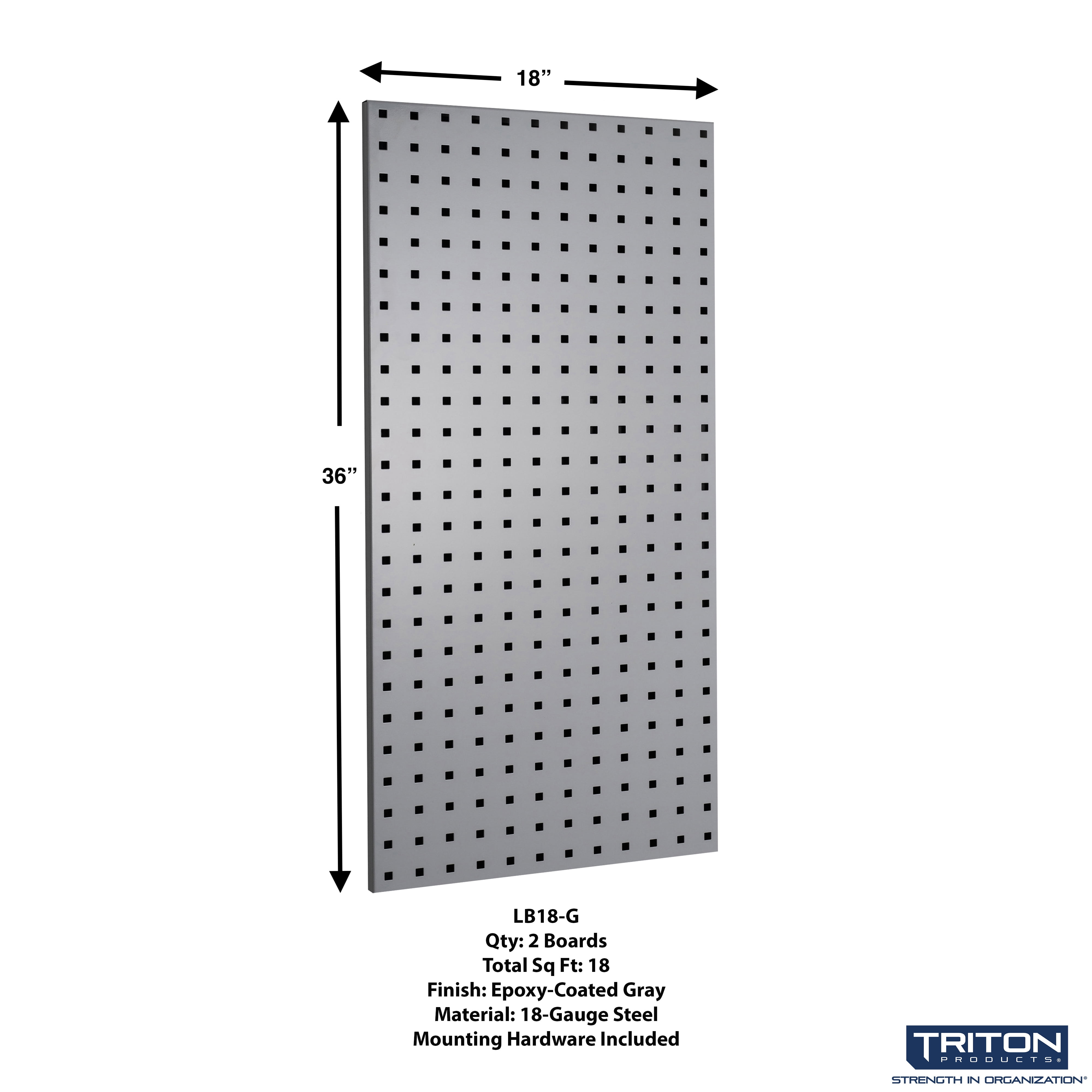 Triton Products LB18-GKit (2) 18" W x 36" H x 9/16" D Gray Steel Pegboards with28 Hooks and 2 Bins