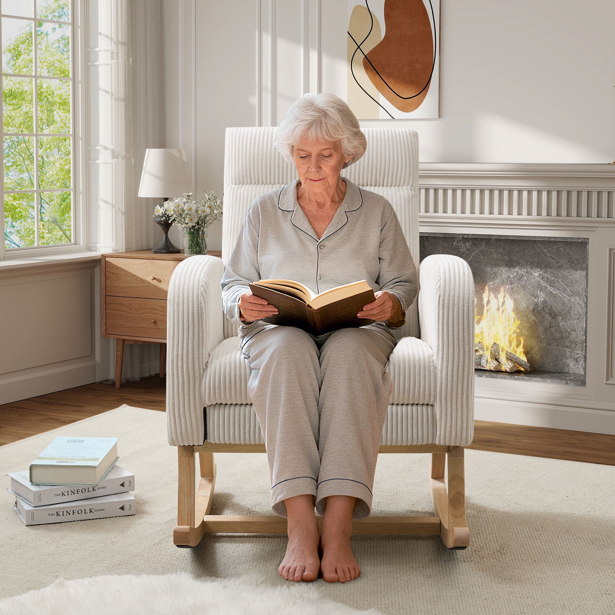 FFH Rocking Chair for Nursey, Rocking Chair with Footrest, Corduroy Armchair with High Backrest and Side Pockets, Accent Chair for Living Room, Bedroom, Beige
