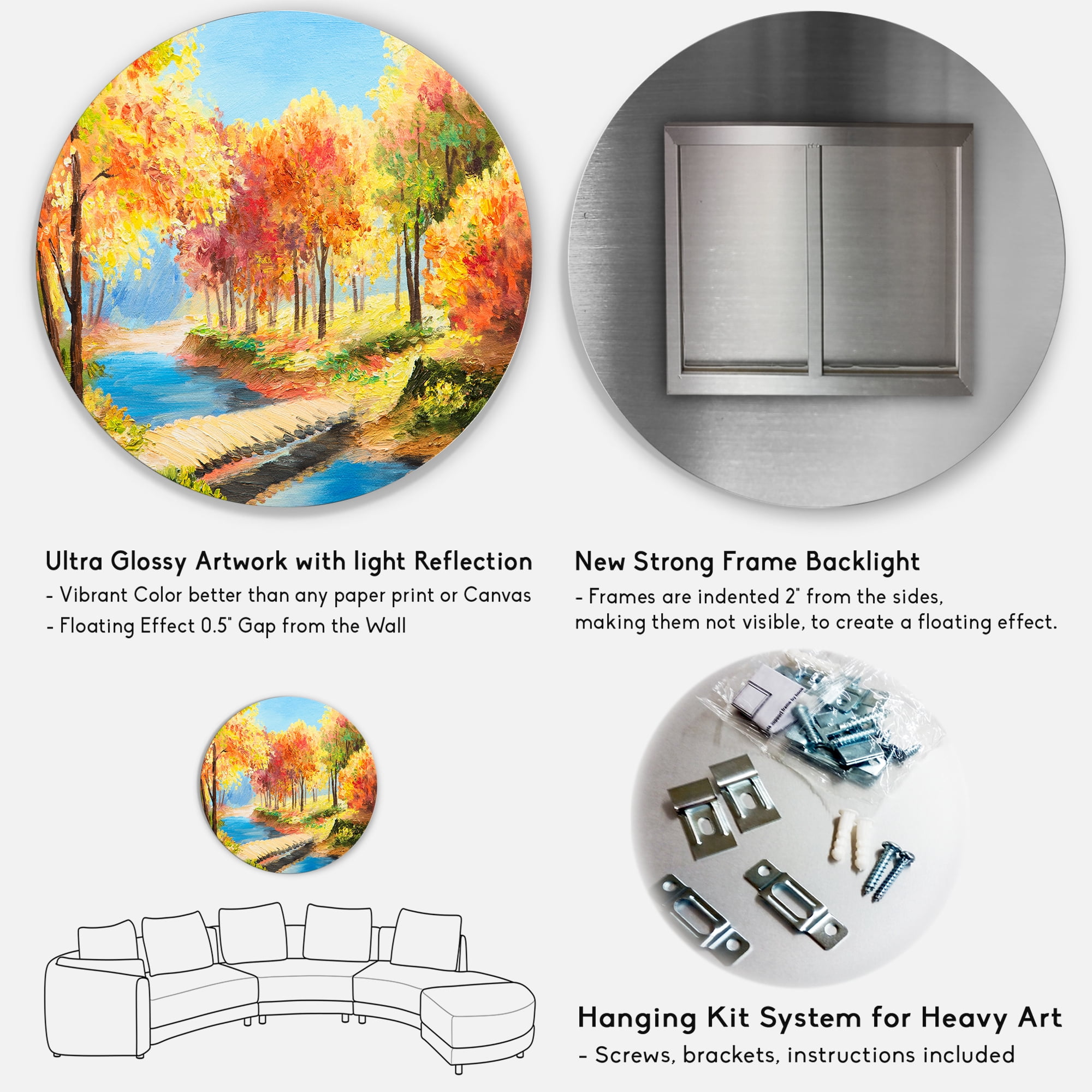 Designart 'Orange and Yellow Trees By The Riverside' Lake House Circle Metal Wall Art 11x11 - Disc of 11