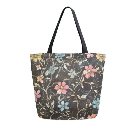 Durable Canvas Tote Bag with Zip Pocket Bags for Woman Shoulder Versatile Carryall for Everyday Use Pastel Flowers and Vines Pattern