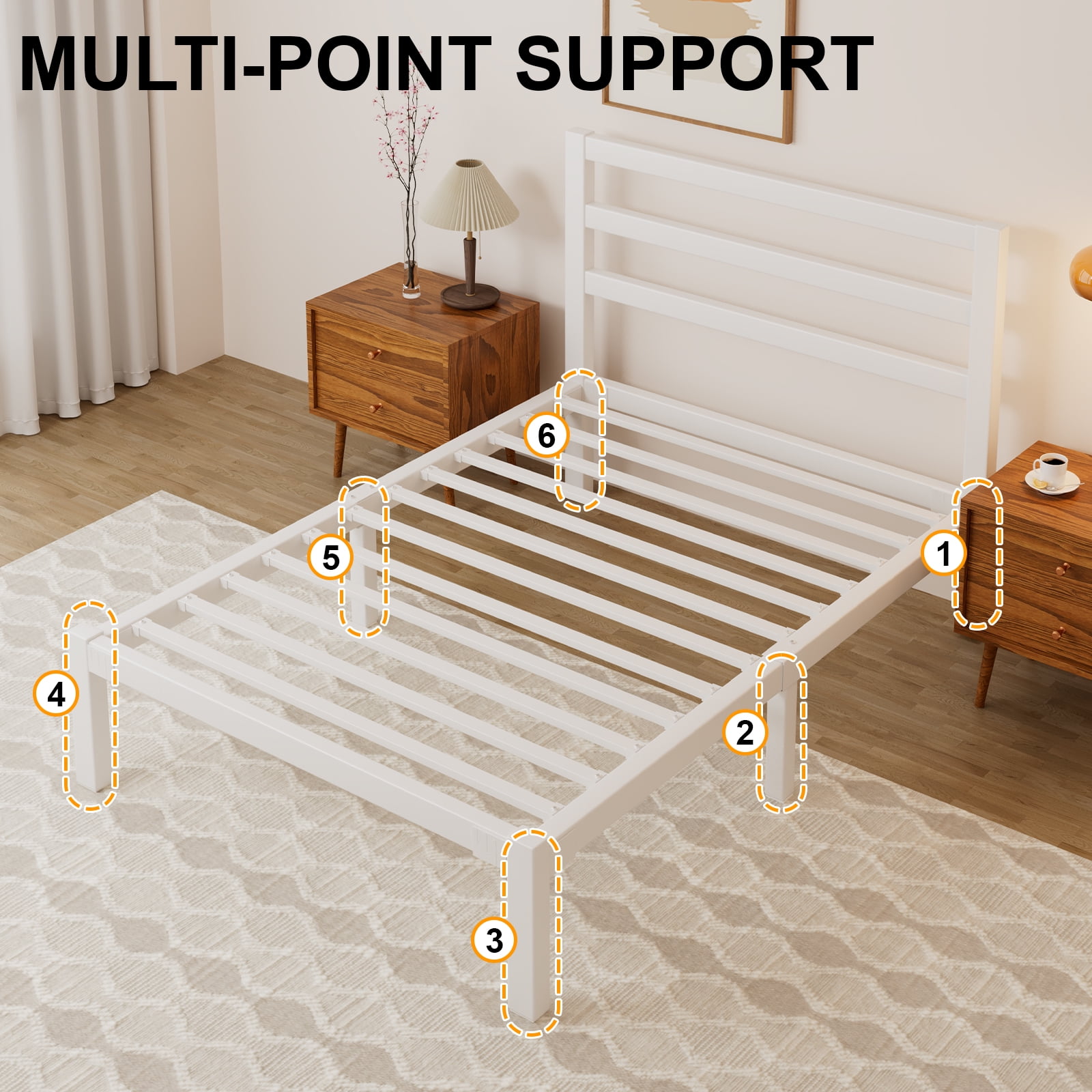 E-motie Twin Size Metal Platform Bed Frame with Headboard, Heavy Duty Metal Slat Mattress Foundation, Easy Assembly, No Box Spring Needed, White