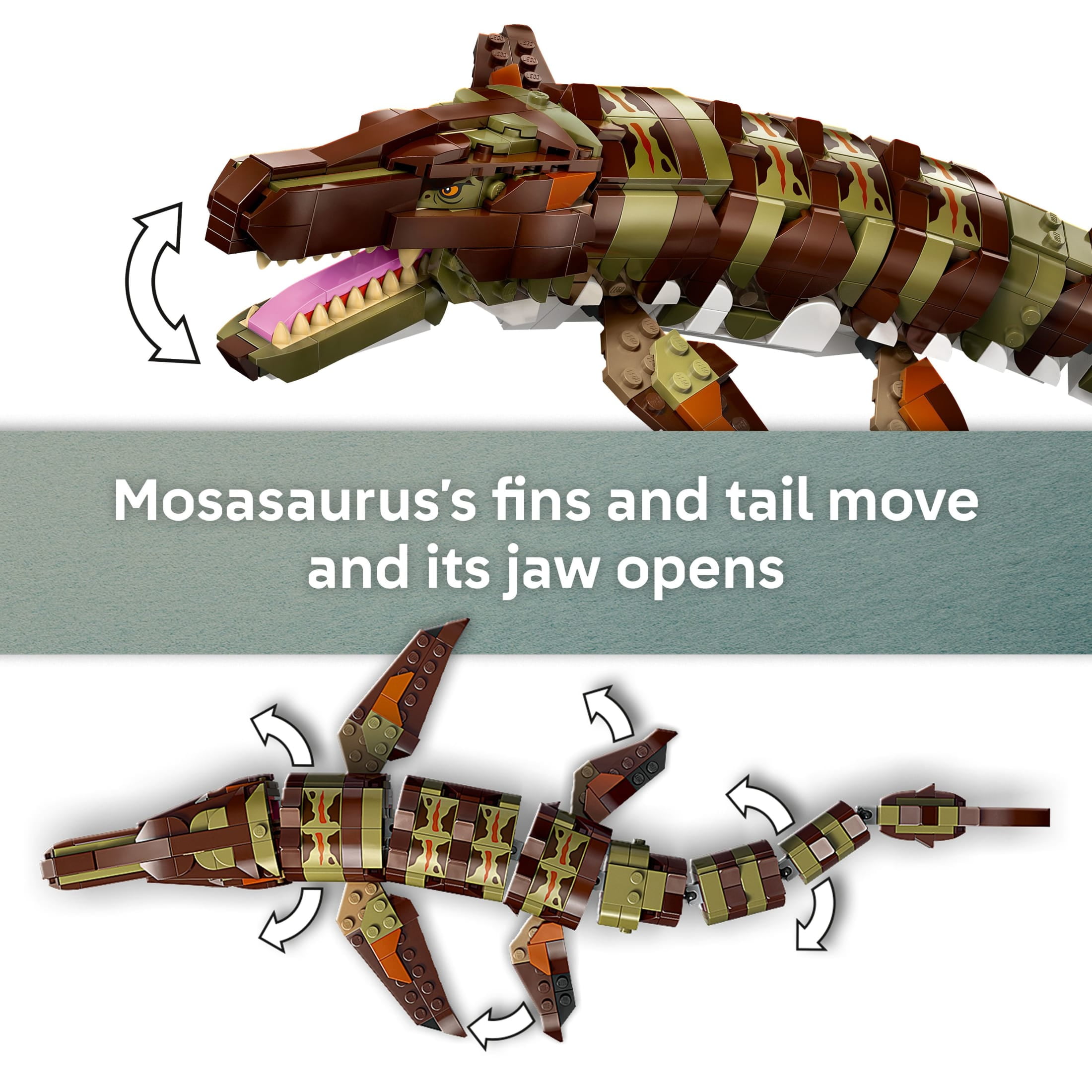 LEGO Jurassic World Brick-Built Mosasaurus Boat Mission Dinosaur Toy - Building Toy for Boys & Girls, Ages 9+ - Poseable Dinosaur plus LeClerc and Atwater Minifigures - Gift for Birthdays - 76974