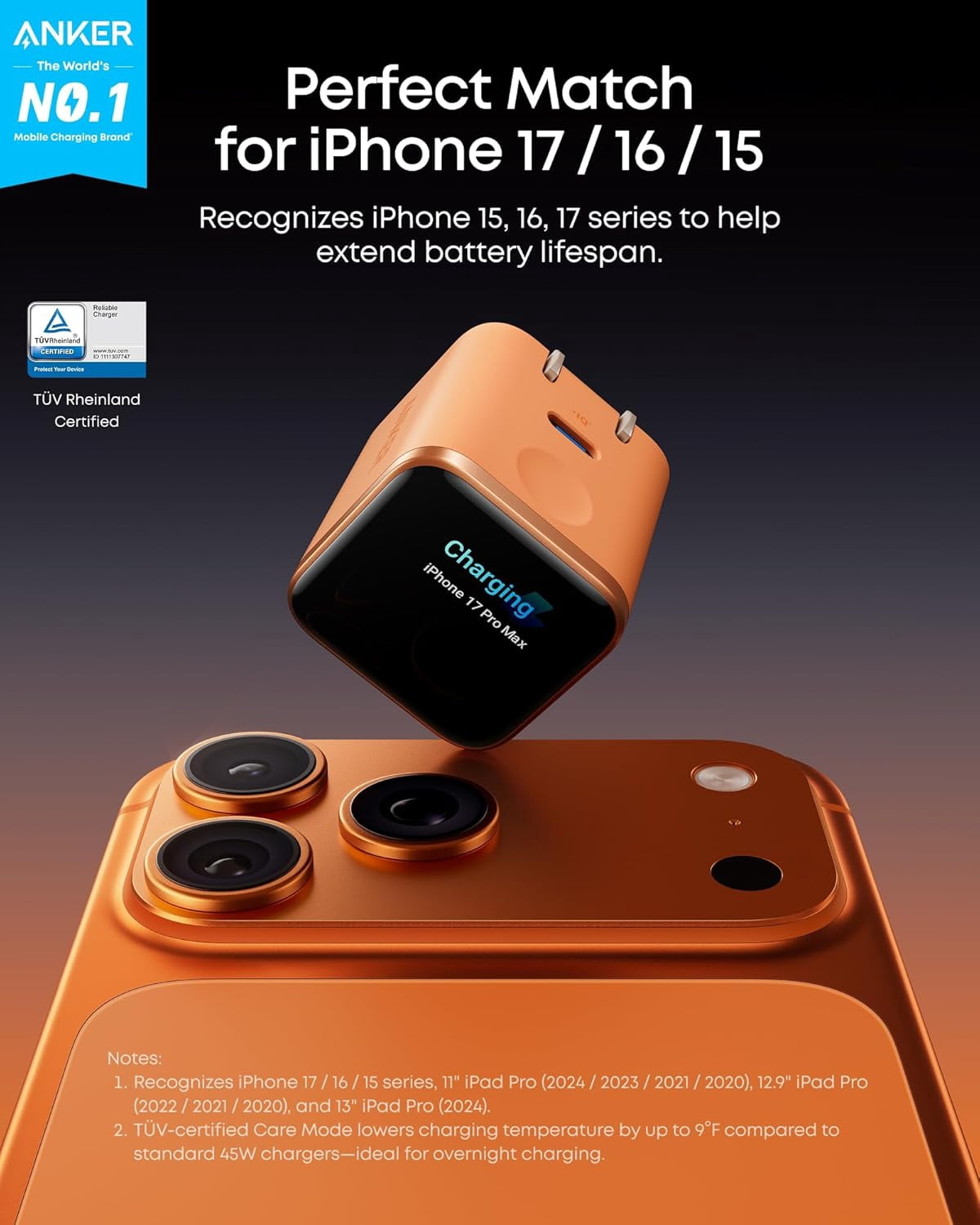 Anker Smart Display Charger,Anker Nano 45W Fast Charging USB C Charger with Smart Recognition,Built-in Care Mode,Compact with 180°Foldable Plug,Compatible for iPhone 17/16/15 Series(Orange)