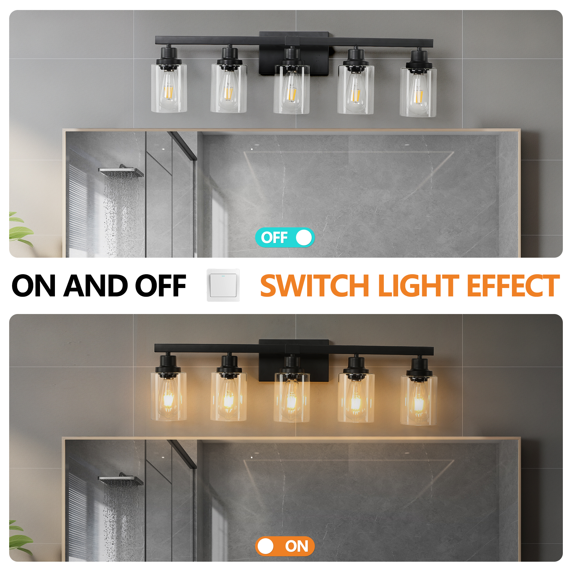 Leumius Modern Black 5-Light Bathroom Vanity Light Fixture, Industrial Wall Sconce with Clear Glass Shades for Mirror, Bathroom, Bedroom and Hallway (No Bulbs)