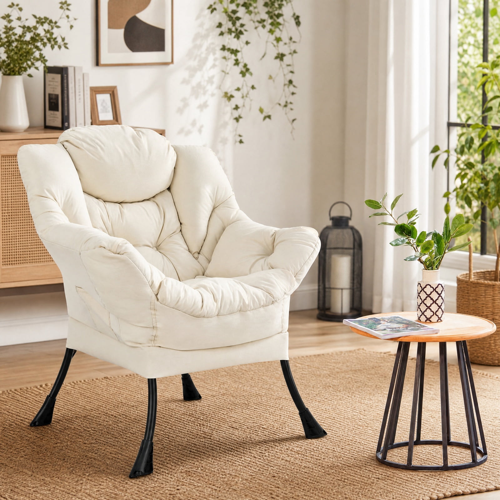 Furnibear Modern Polyester Fabric Lazy Chair with Integrated Headrest Deep Seat Side Pocket and Rust-Resistant Steel Frame for Living Room, Beige