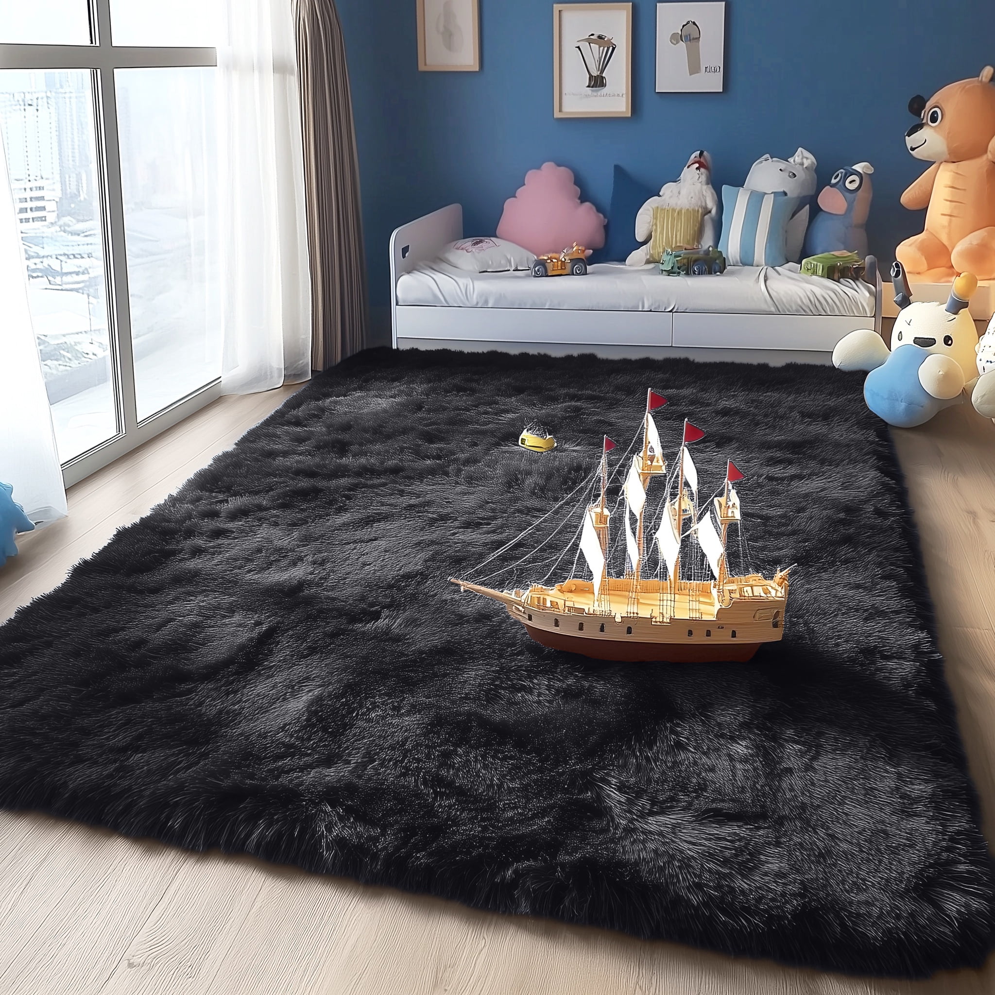 Buganda Area Rugs for Living Room 9'X12', Soft and Fluffy Shaggy Carpet for Pets, Machine Washable Floor Rugs for Bedroom, Black