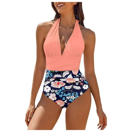 Blphud Tummy Control Swim Dress One Piece Swimsuit Summer Vacation Swimsuits Women s V Neck Pleated Sexy Backless Women s High Waist Thong Bikini Pink M