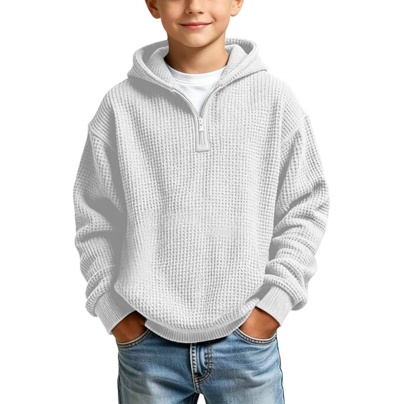 Jalioing Boys Quarter Zip Hoodies Casual Loose Long Sleeve Texture Pullover Fashion Basic Solid Sweatshirt 3-14 Years