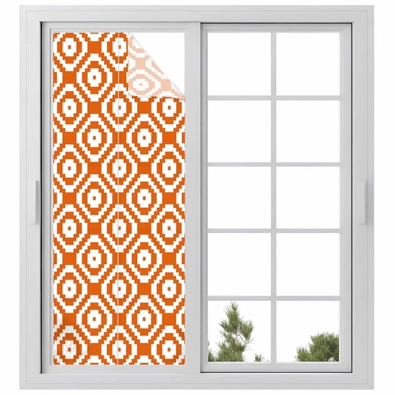 Orange White Geometric Window Privacy Film, Modern Abstract Art Static Cling UV Sun Blocking Heat Control Window Tint Day and Night, Non-Adhesive Reusable One Way Windows Privacy Cover 29.5''x78.7''