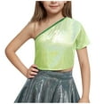 thumbnail image 2 of BRGZLK Girls Glitter Metallic Dance Crop Tops Solid Color Kids Laser Shiny One ShoulderShort Sleeve Exposed Waist Tops Performance Costume Green 13-14 Years, 2 of 4