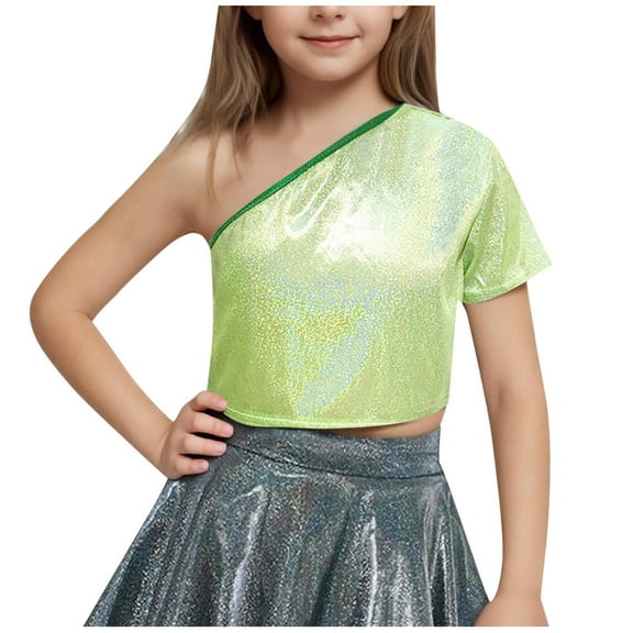 Einccm Girls One Shoulder Short Sleeve Crop Top T-Shirt - Shiny Sequined Finish with Contrast Binding, 6 Colors for Ages 3-16 Years, Perfect for Casual, Party, Performance Wear
