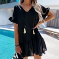 thumbnail image 3 of Bigersell Spaghetti Strap Dresses for Women Solid Color Short Sleeve V-neck Drape Pleated Dress Beach Wedding Guest Dresses for Female Regular Wrap Dresses, Style 33293, Black M, 3 of 9