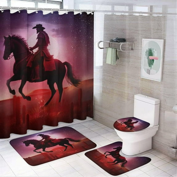 Vintage Western Cowboy 4 Pieces Shower Curtain Set, Rustic Farmhouse Old Photo Texas Star Cactus Guitar Horse Non-Slip Rugs Toilet Lid Cover Bath Mat and Bathroom Curtain