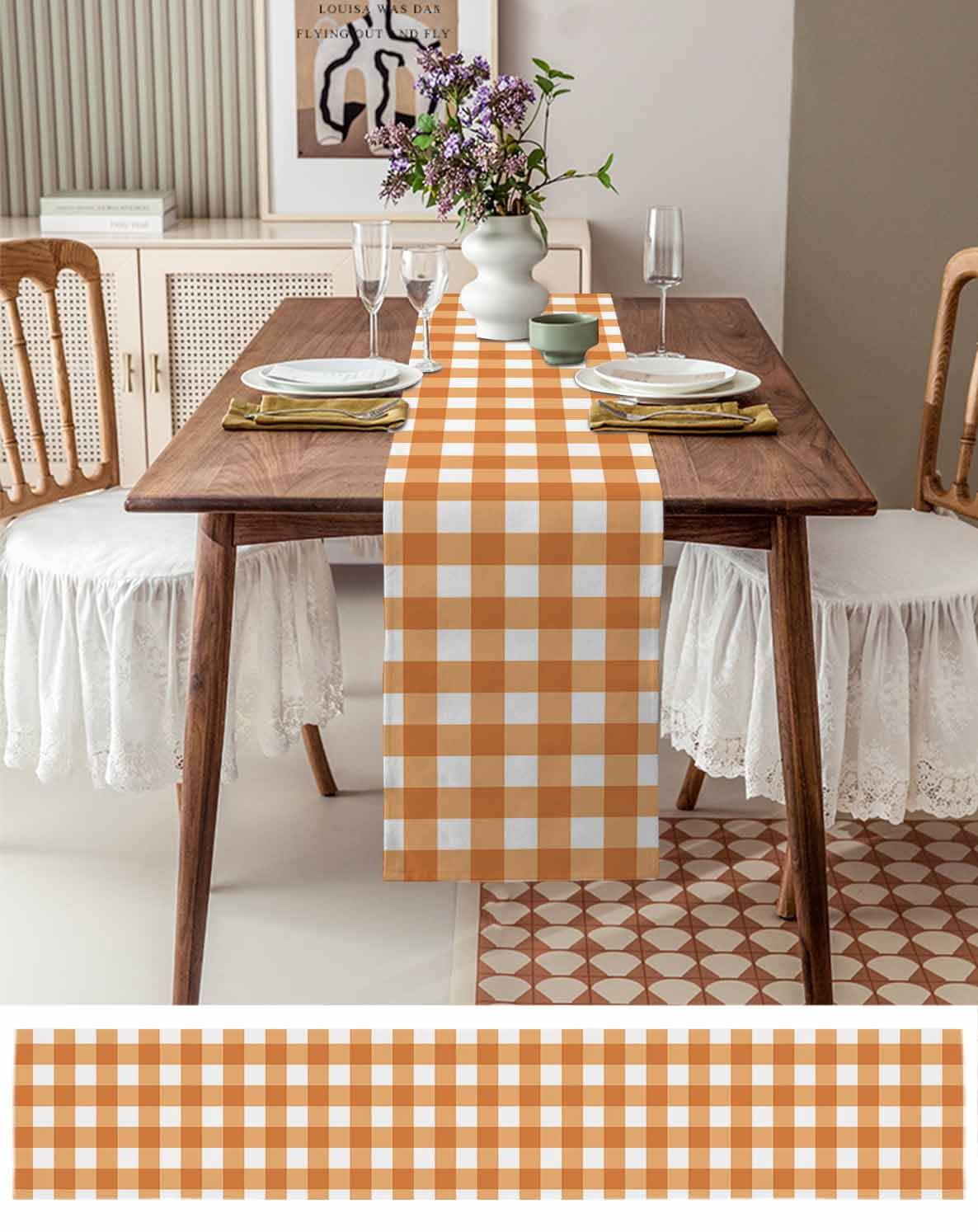nqOlkjepod Orange Plaid Table Runner 72 Inches Long Farmhouse Dress Scarves, Gradient Geometric Buffalo White Checkered Dining Tablerunner for Coffee Table/Kitchen Island/Party Décor, 13" x 72"