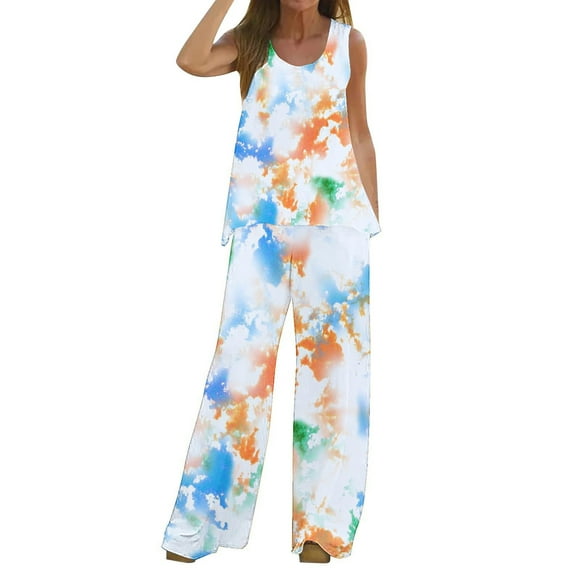 Mikilon Womens Stylish Outfit 2 Piece Set Summer Casual Loose Tank Top Two Piece Set Fashionable and Comfortable Sleeveless Round Neck Blouse/Shirt Set White L