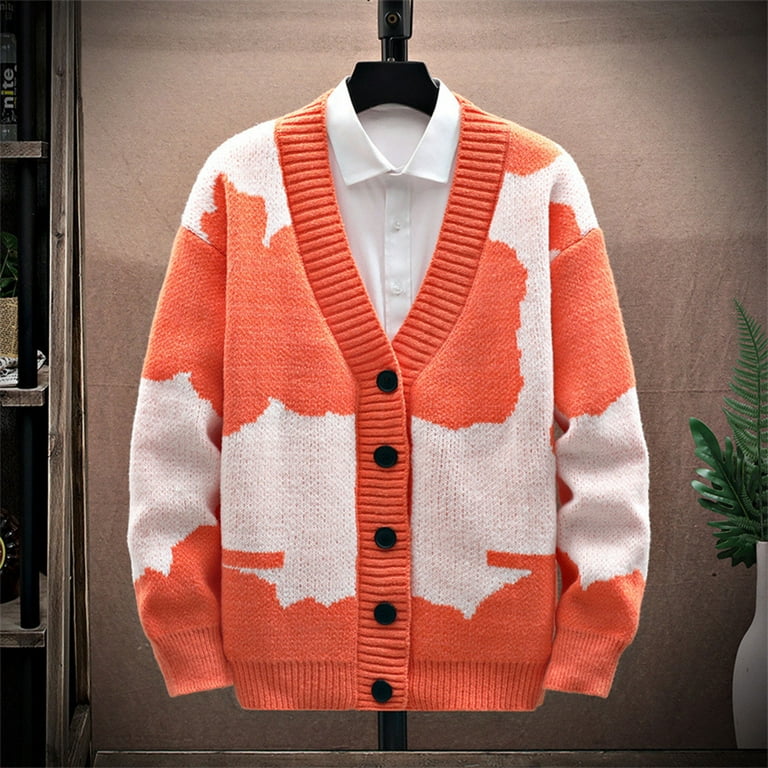 XFLWAM Men's Cardigan Sweater Cashmere Wool Blend Print V Neck Button Down  Knit Sweater Cardigan Orange M