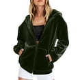 thumbnail image 2 of BRGZLK Women Velvet Zip Up Hoodie Tops Fashion Comfort Long Sleeve Hooded Sweatshirt Tops Fall Winter Solid Color Velour Y2K Jacket with Pockets Ladies Outerwear Army Green L, 2 of 6