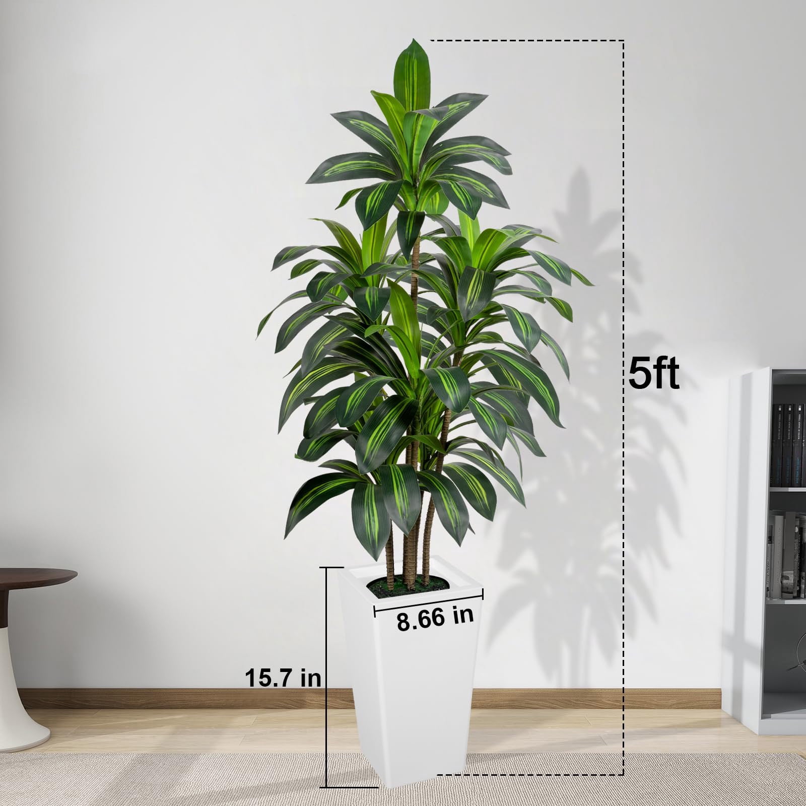 ROMSWI Dracaena Artificial Tree 5ft Tall Pre Potted Dracaena Trees with White Tall Square Planter for Indoor Outdoor Home Office Decor
