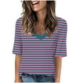 thumbnail image 1 of Penkiiy T-Shirts à Rayures Color Block Col en V Manches Mi-Longues Tops Décontractés Unis Été Y2K Tops 9 Ans Rose, 1 of 5