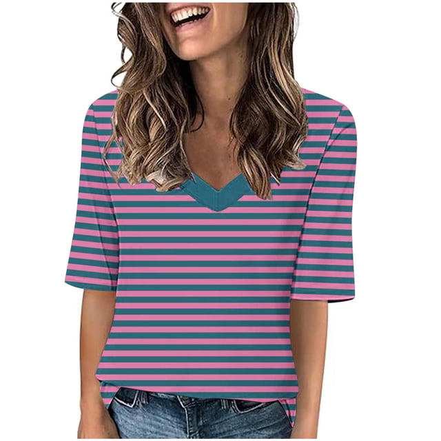 Penkiiy T-Shirts à Rayures Color Block Col en V Manches Mi-Longues Tops Décontractés Unis Été Y2K Tops 9 Ans Rose