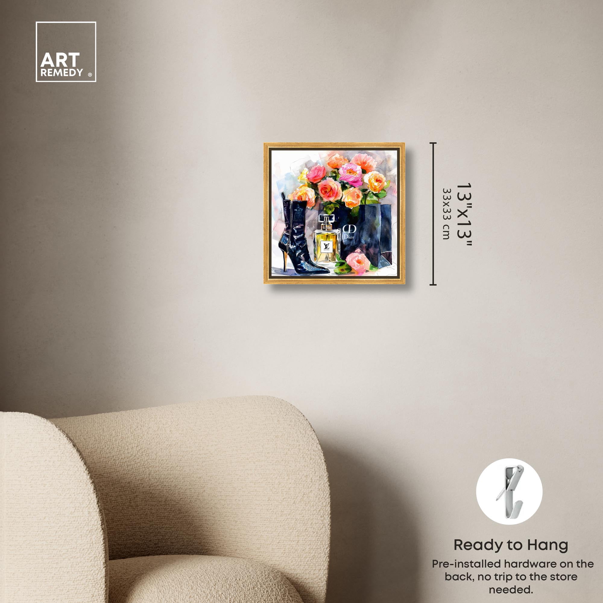 Boot with Perfume and Shopping Bag Canvas Fashion Art Prints by Art Remedy, Gold Frame, 12" x 12"