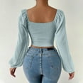 thumbnail image 6 of Crop Tops for Women Mesh Long Sleeve Ruched Drawstring Shirts Tops V Neck Ribbed Solid Color Cropped Top Blouses, 6 of 7