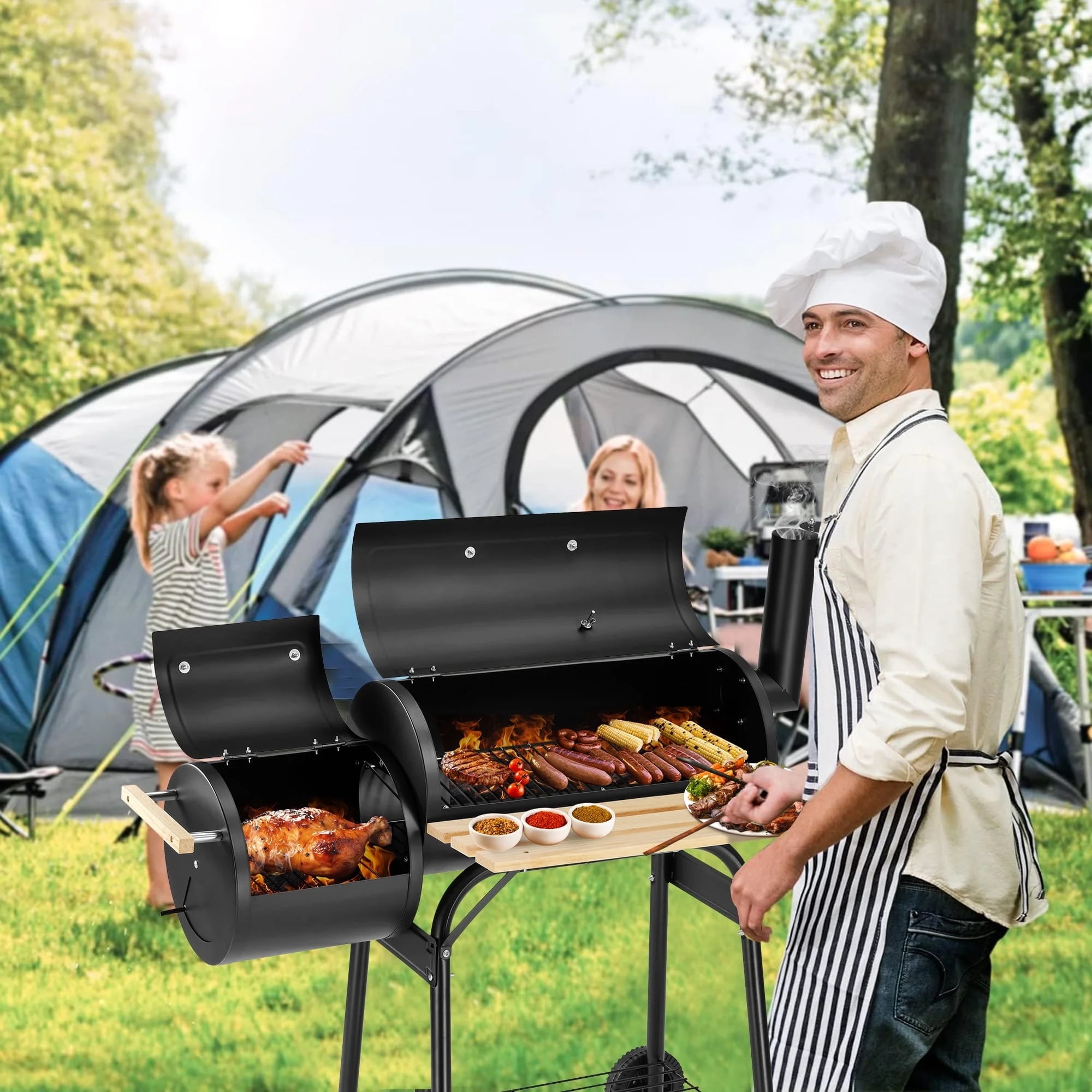 Charcoal BBQ Grills, 30'' Portable Barrel Charcoal Grill Smoker, Outdoor Stainless Steel BBQ Grill Cooking with Temperature Gauge, Metal Grates and 2 wheels for Patio, Porch, Picnic, SS1048