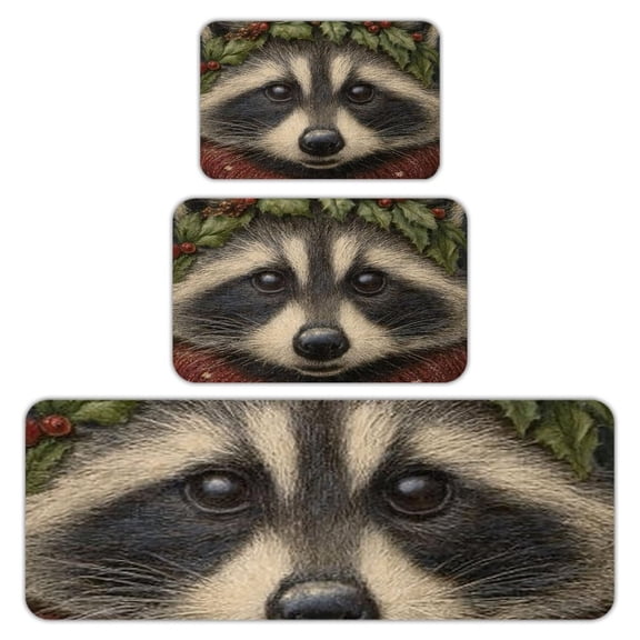 RKSupls Kitchen Rug Set 3 Piece Anti-Slip Flannel Floor Mats, Raccoon Holly Wreath Washable Absorbent Runner Mats for Kitchen Bathroom Home Decor