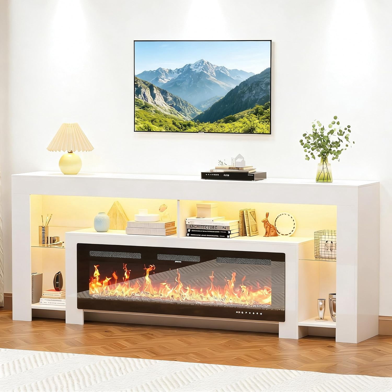 Blotout Fireplace TV Stand for 95/100''TV with 50'' Fireplace, 94.5'' Modern LED Entertainment Center with Overheat Protection, Adjustable Shelves, 2 Tier Fireplace Console for Living Room, Bedroom