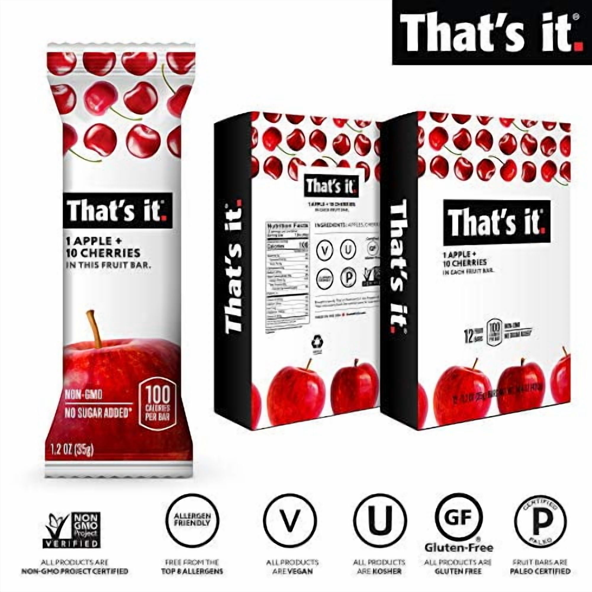That's it. Apple + Cherry 100% Natural Real Fruit Bar, Best High Fiber Vegan, Gluten Free Healthy Snack, Paleo for Children & Adults, Non GMO No Sugar Added, No Preservatives Energy Food (12 Pack)