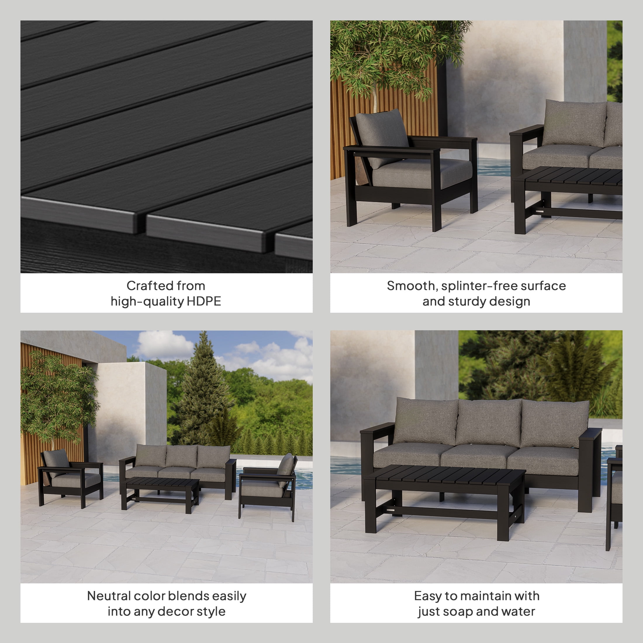 Better Homes & Gardens Ezra 4-Piece Outdoor HDPE Conversation Set, Black with Bellamy Gray Cushions
