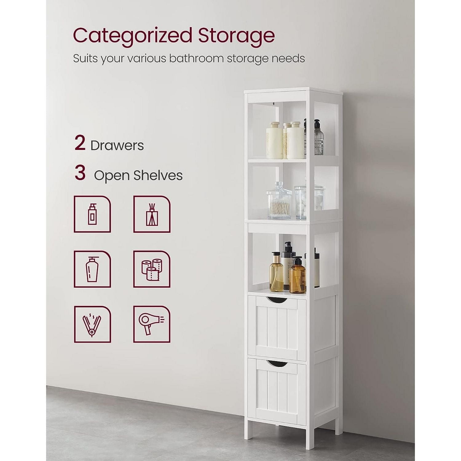 Boutique Home Bathroom Tall Cabinet Freestanding Storage Unit with 2 Drawers and 3 Open Shelves, White
