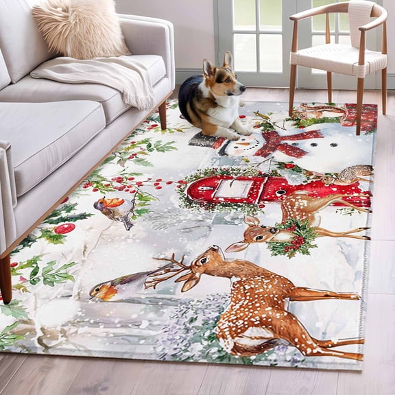 3'x5' Area Rugs, Christmas Indoor Outdoor Area Rug for Living Room Bedroom, Snowman Elk Snowflake Xmas Botanical Washable Bathroom Rugs Kitchen Floor Carpet Mats Home Decor Aesthetic