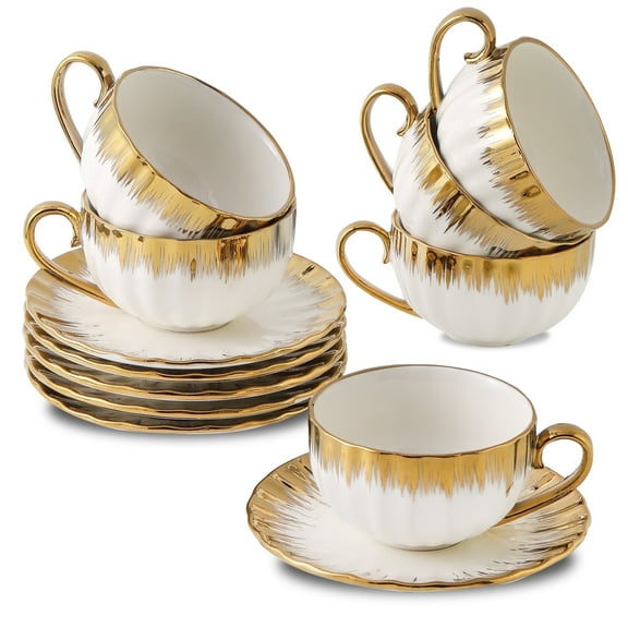 LETAOTAO 7oz Porcelain Cappuccino Cup & Saucer Set of 6, Gold