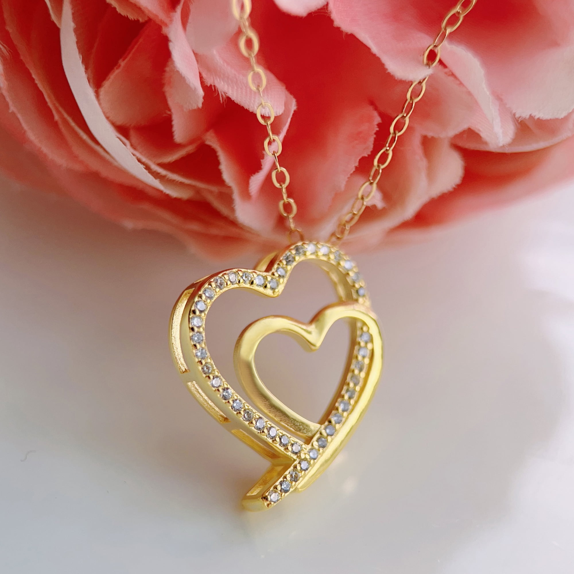 Piswency 14K Real Gold Filled Heart Necklace for Women CZ Love Double Heart Pendant Necklace with Adjustable Heart Chain for Valentine’s Day, Mother’s Day, Birthday, Handmade Jewelry, Gift for Her