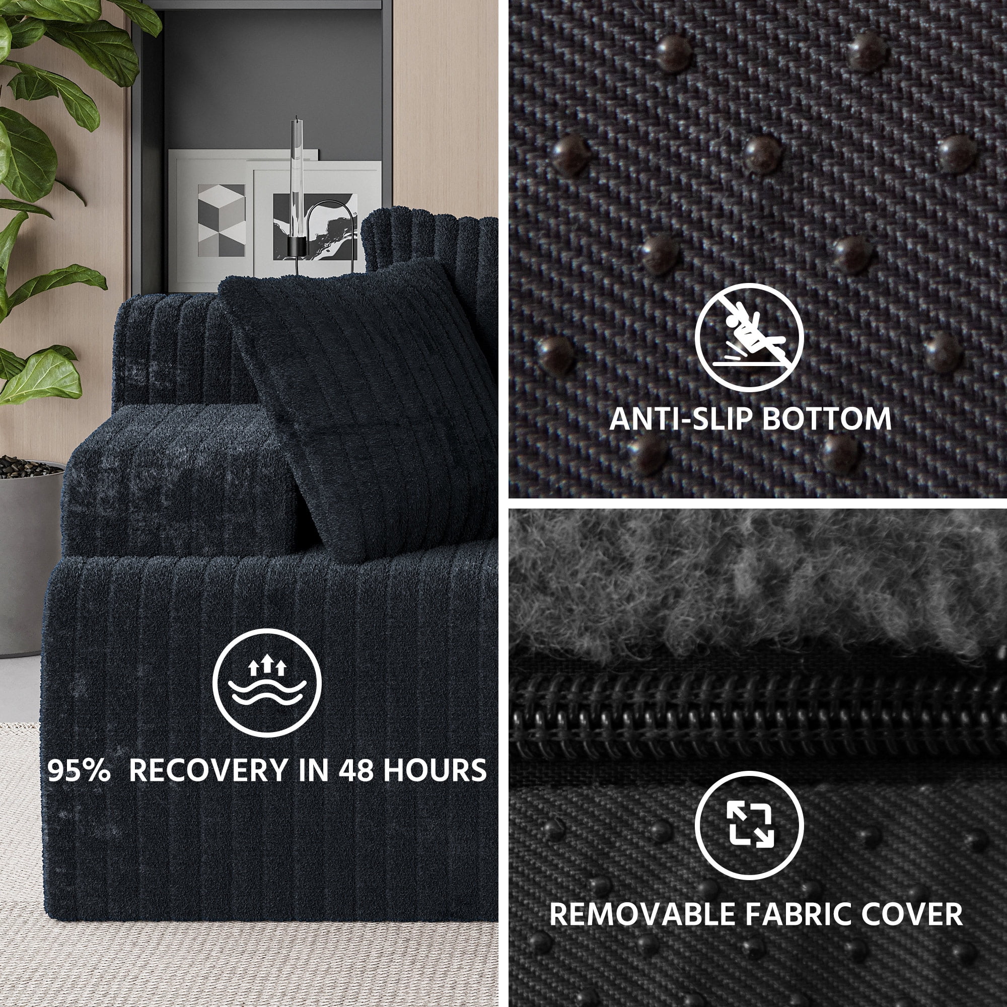 LAUSAINT HOME 96" Boneless Sectional Sofa, L-Shaped Modular Cloud Couch with Deep Seat & Plush Corduroy Fabric (Black, Left Facing Chaise)