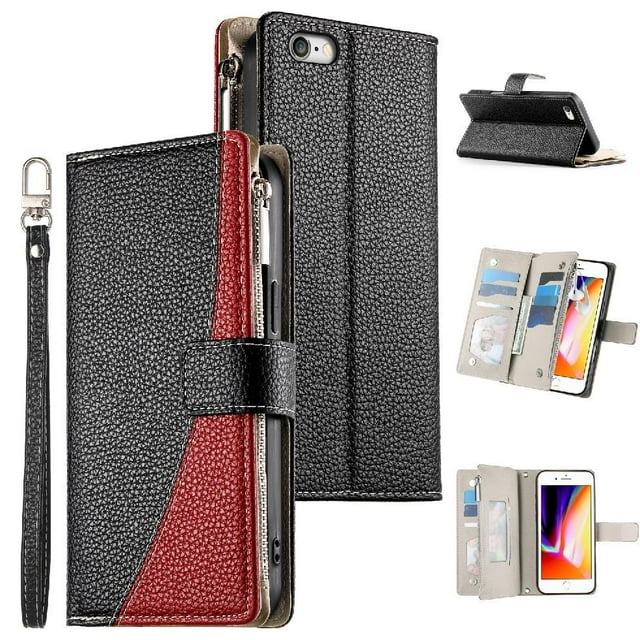 Funda cartera GANGXUN para iPhone 7 Plus/8 Plus , cuero PU con tarjetero, cremallera, correa de mano, soporte y protección 541°
