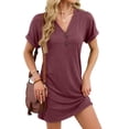 thumbnail image 6 of felwors Summer Dress Short Sleeve Casual V Neck Button Down Loose Vacation Mini Dress (Wine, M), 6 of 8