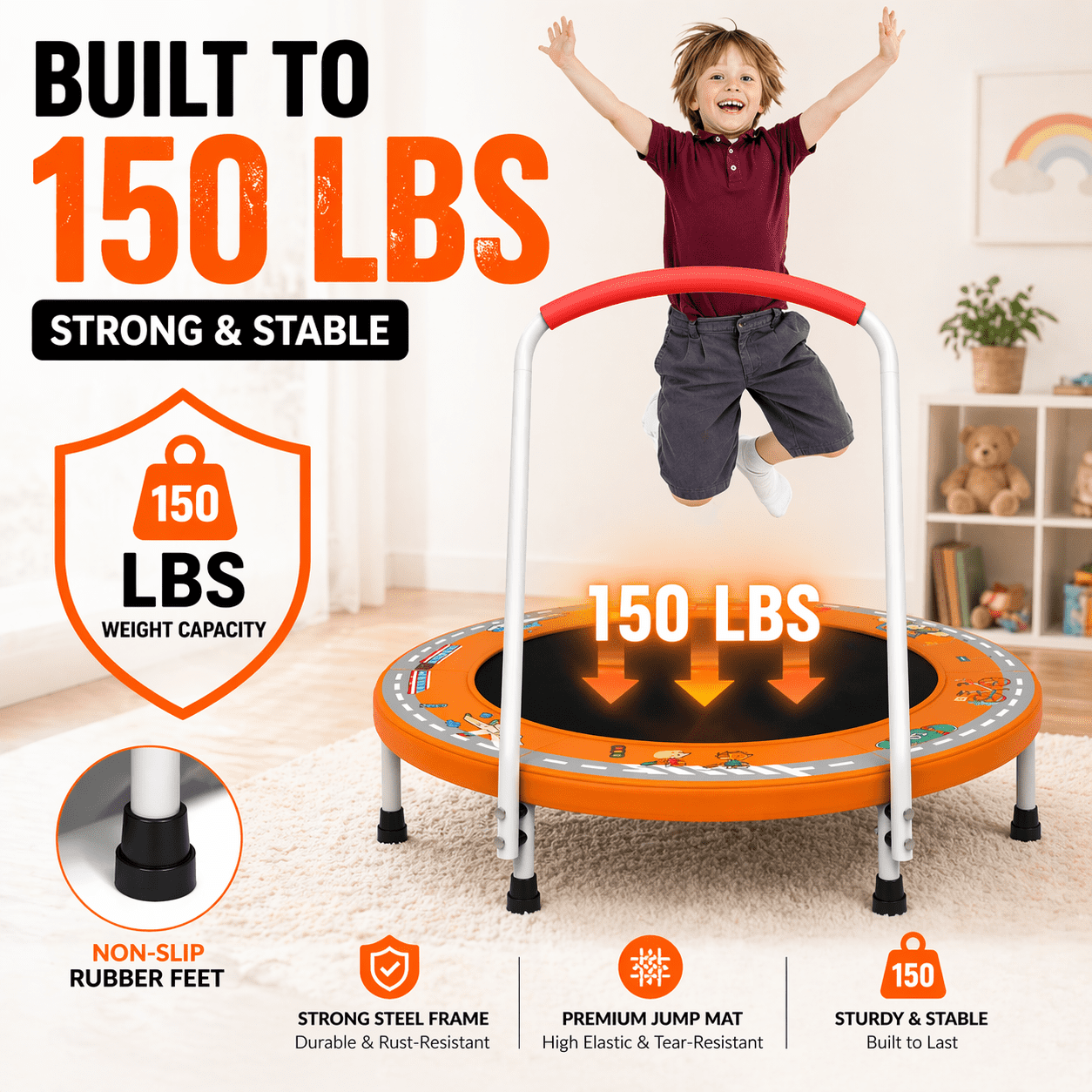 Witaxima 36" Mini Trampoline with Handle for Kids Ages 1-6, 150 lbs Max Capacity, No-Gap Safety Design with Upgraded Anti-Rollover Handle, Indoor Outdoor Bungee Toddler Trampoline, Fun Print, Orange