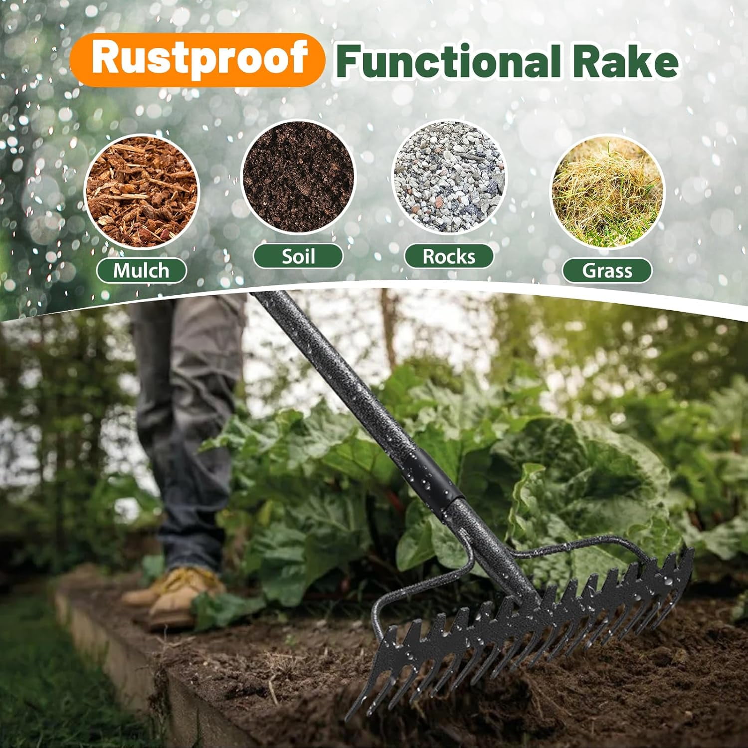 FLY HAWK Garden Rake, Rake for Leaves, 62 inch Metal Bow Rake with 17 Tines for Loosening Leveling Soil Gathering Leaf
