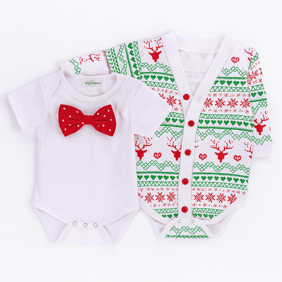 StylesILove Infant Baby Boy Jumpsuit with Red Bowtie and Holiday Character Onesie Cardigan Christmas 2 pcs Outfit Set (100/12-18 Months)