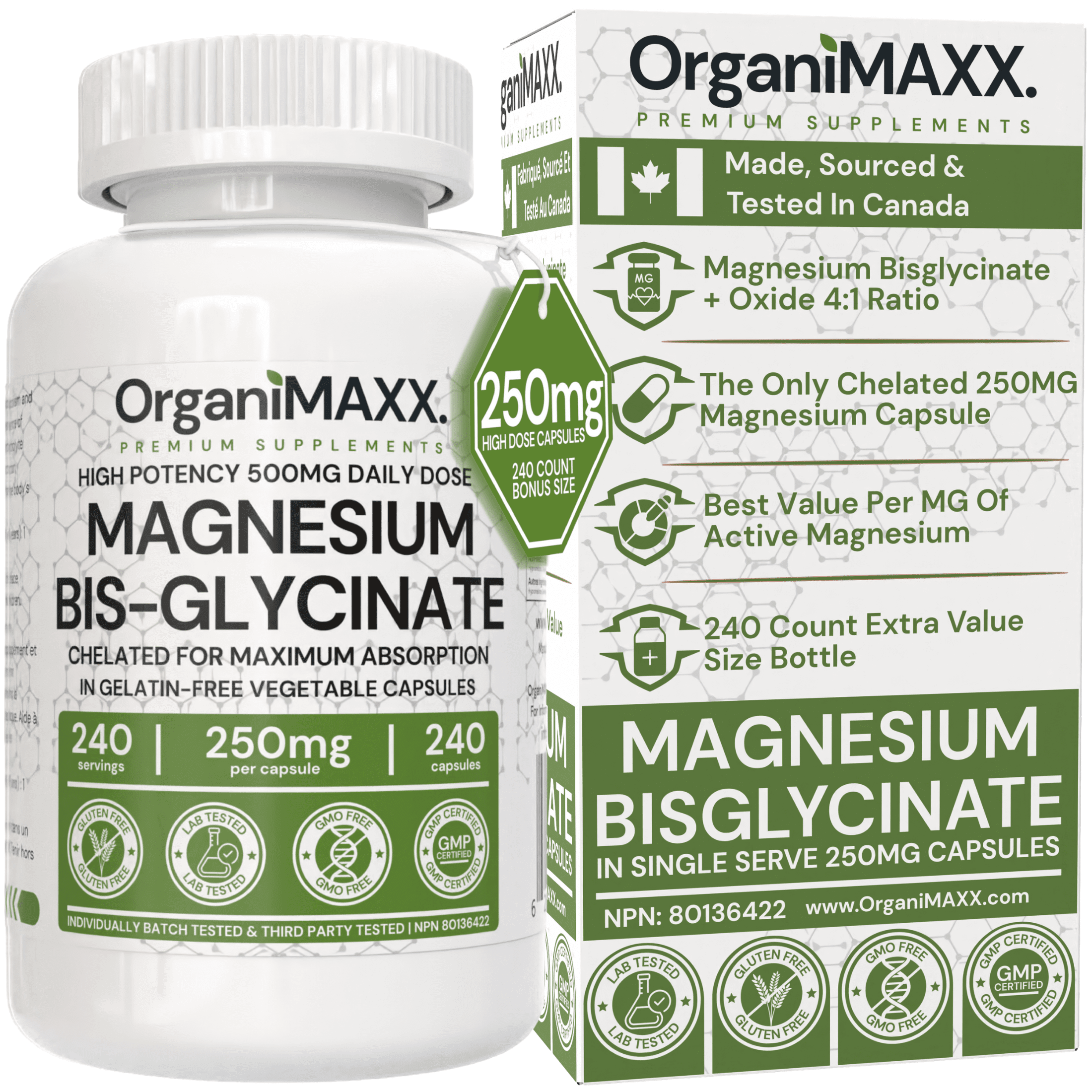 OrganiMAXX. Magnesium Glycinate / Bisglycinate 240 CAPSULES PER BOTTLE 250mg Per Capsule Highest Potency Chelated Magnesium Glycinate Supplement. Enhanced With Magnesium Oxide. supplement bottle