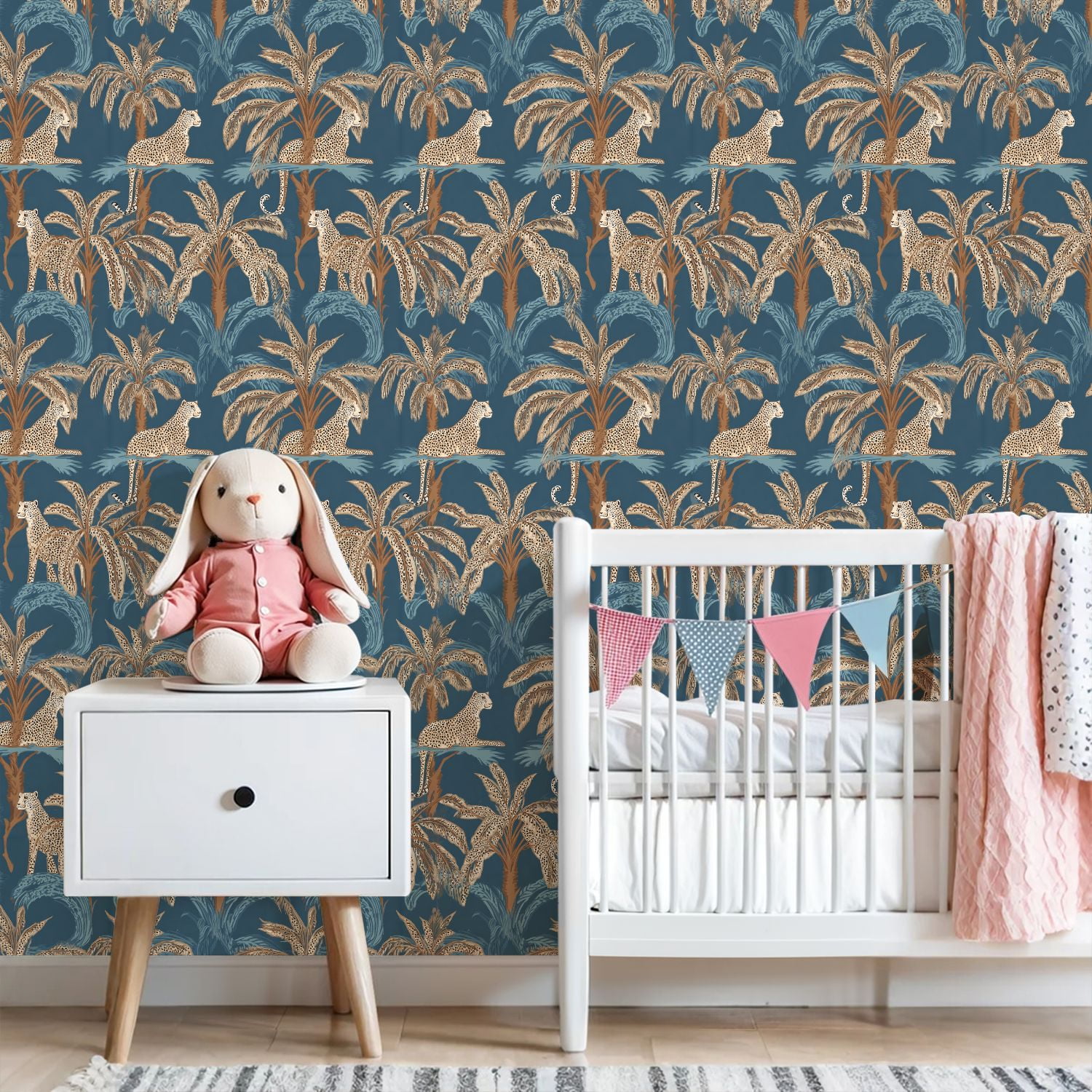 Cheetah Peel and Stick Wallpaper 23.6in x 9.8ft Tropical Jungle Cheetahs Palm Trees Blue Contact Paper Vinyl Waterproof Self Adhesive Wall Paper for Bedroom Shelf Cabinet Renter Friendly
