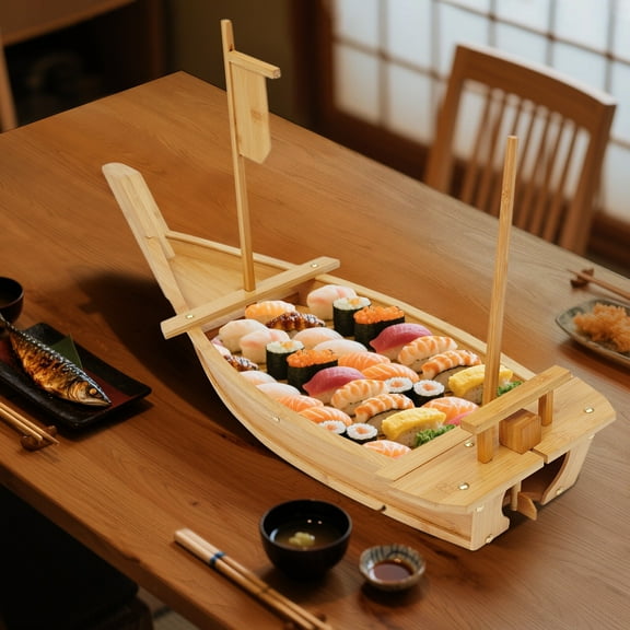 80 X 27cm Boat Shaped Sushi Serving Tray, Decorative Bamboo Sushi Display Plate for Home, Commercial