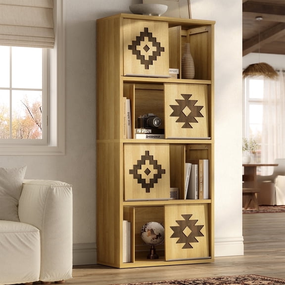 Einhomn 66" Wooden Bookcase with Doors, 4 Tier Open Storage Shelves Display Bookshelf for Living Room Home Office