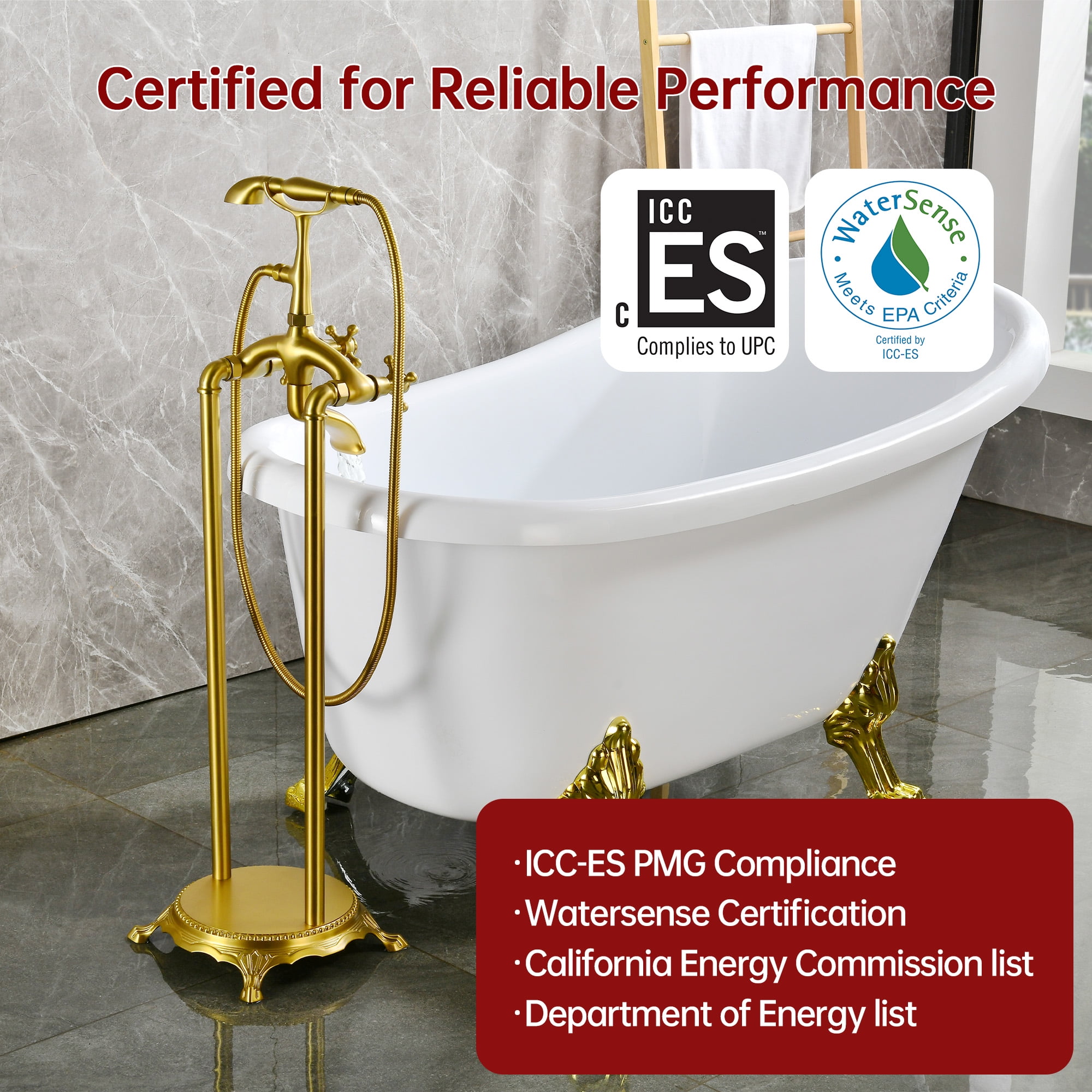 SUMERAIN Brushed Gold Freestanding Bathtub Faucet with Handheld Shower, High-Flow Waterfall Floor Mount Tub Filler, Solid Brass