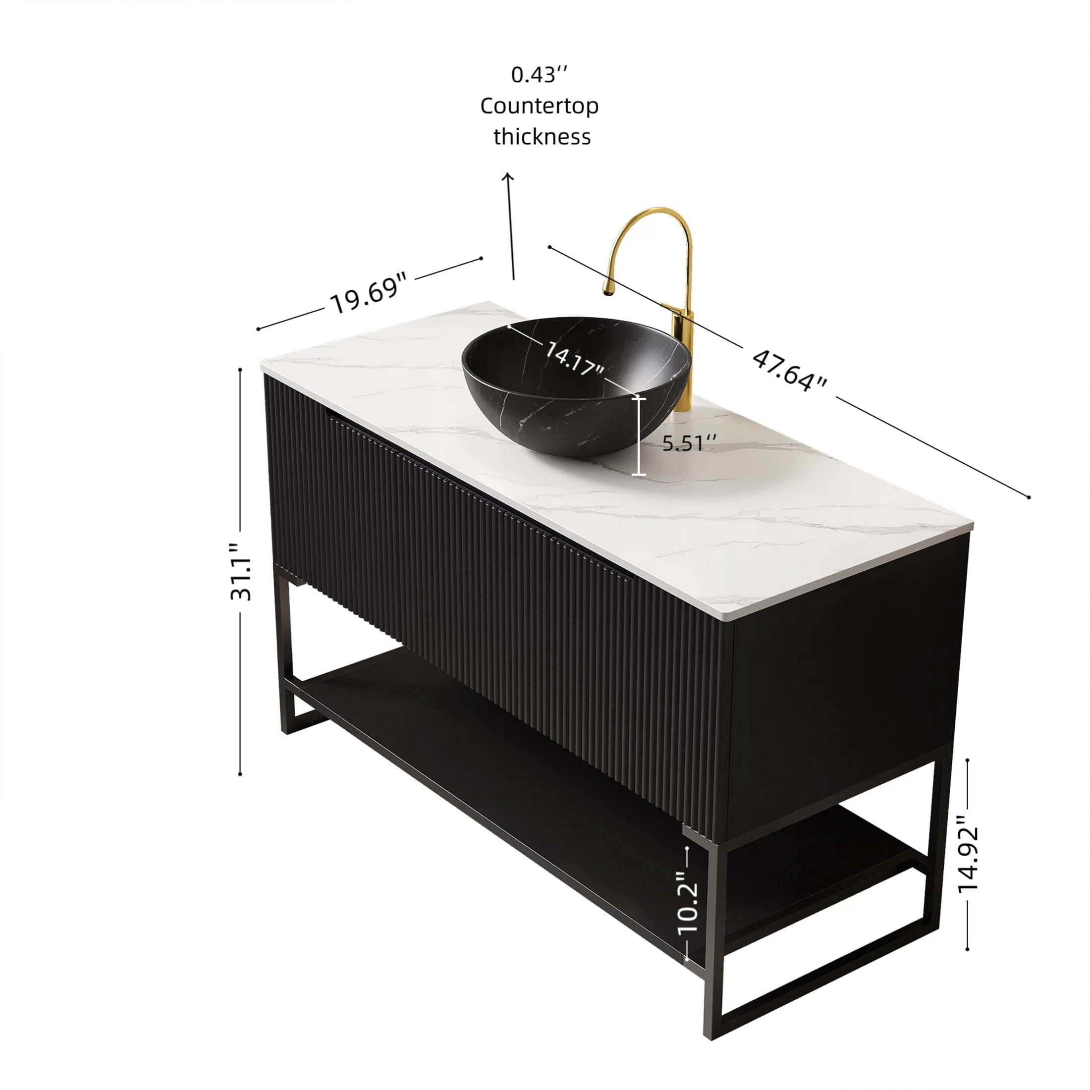 Noble House Tulio 48" Freestanding Bathroom Vanity with Sintered Stone Countertop, Black Bowl Ceramic Basin, Black