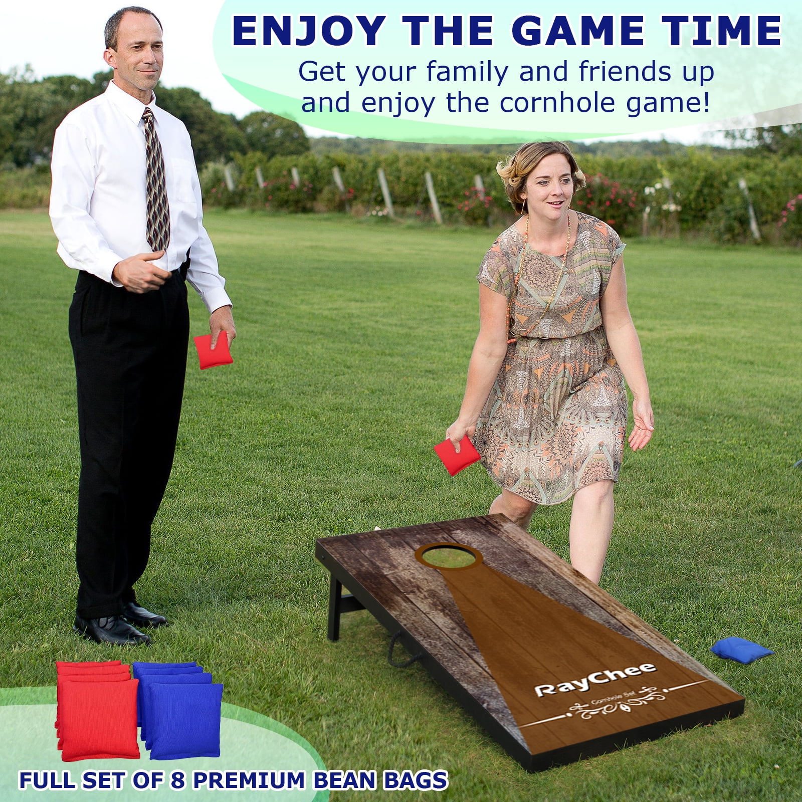 RayChee 4'x 2'Cornhole Board Set, Corn Holes Outdoor Game Cornhole Boards Regulation Size 8 Bean Bags Toss for Adults Family Lawn Beach
