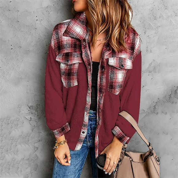 BYHONG Women's Coat Casual Lapel Fleece Fuzzy Faux Shearling Button Coats Warm Winter Oversized Outwear Plaid Print Patchwork Jackets Coat for Women Red L