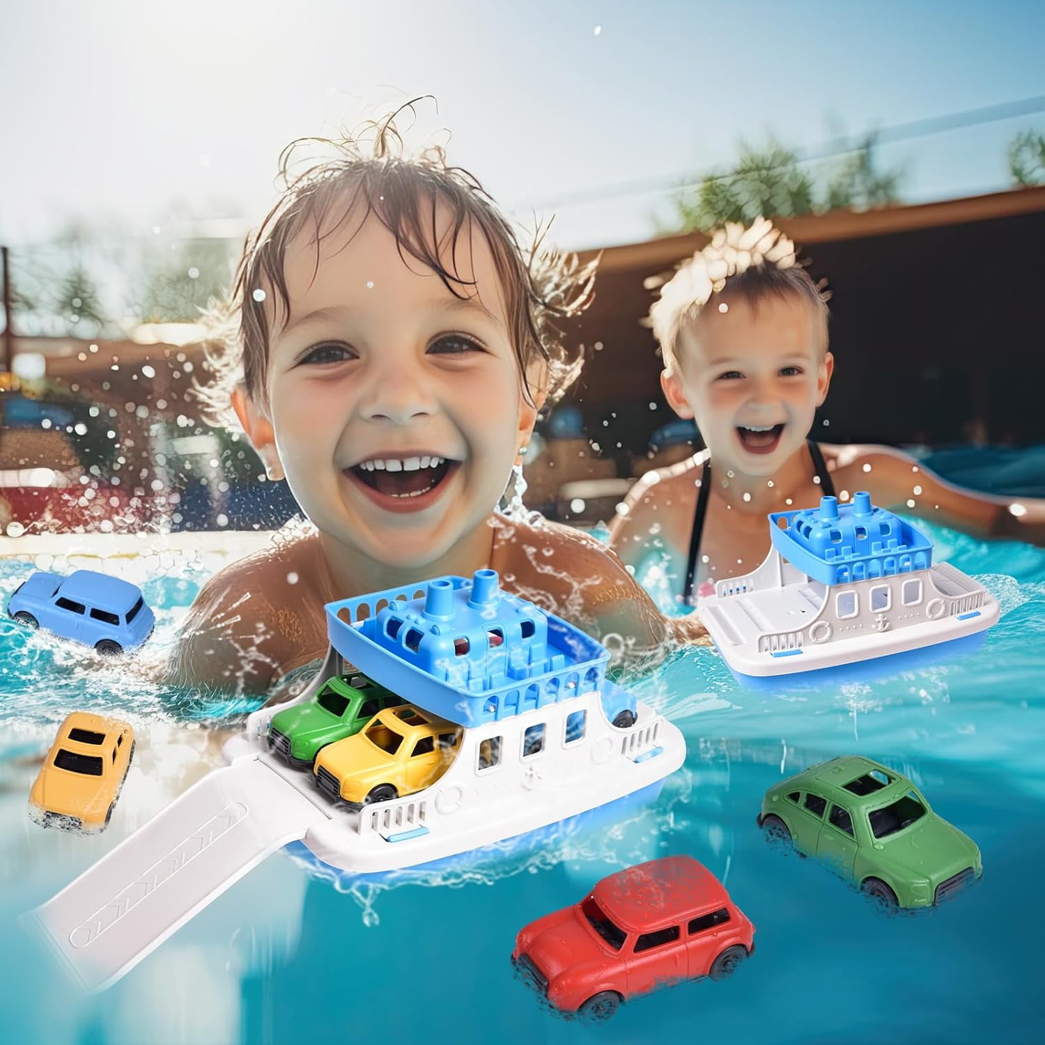 9 Pcs Toy Boat Bath Toys for Toddlers with 4 Mini Car Toys and 4 Bath Boat Squirters,Pool Beach Toys Floating Ferry Boat,Birthday Gift for Boys Girls 1-4